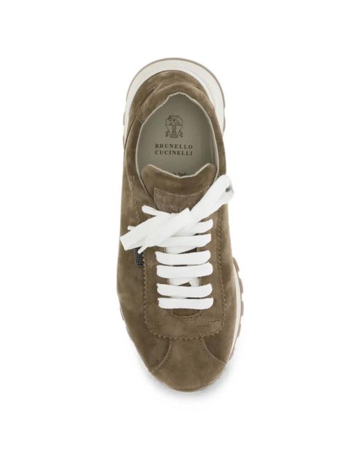 Brunello Cucinelli Brown Bead-Embellished Suede Sneakers