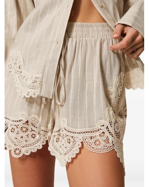Twinset Natural Linen Blend Jacquard Shorts With Lace