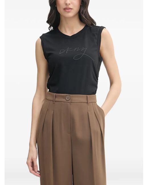 DKNY Black Logo-Print Ruched-Side T-Shirt