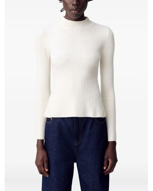 Claudie Pierlot White Ribbed-Knit Mock-Neck Top