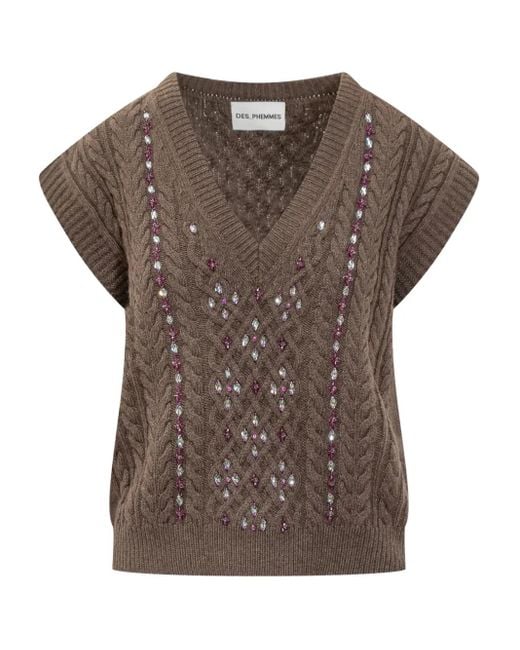 Des Phemmes Brown Cable-Knit Embellished Sweater