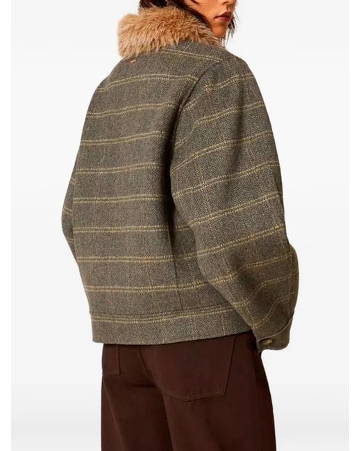 Twinset Gray Double Check Wool Caban Coat With Faux Fur