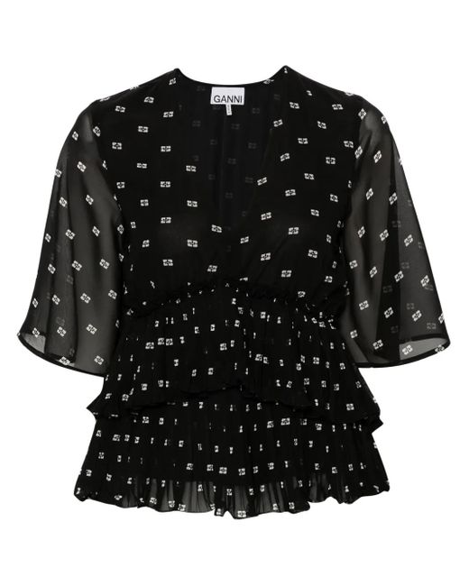 Ganni Black Graphic-Print V-Neck Pleated Blouse