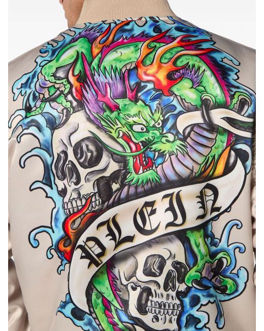 Philipp Plein Blue Tattoo-print Satin Bomber Jacket for men