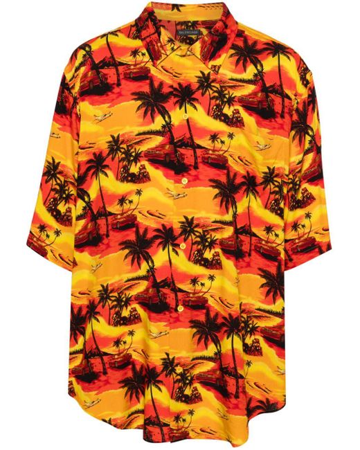 Balenciaga Orange Hawaiian Car Short-Sleeve Shirt for men