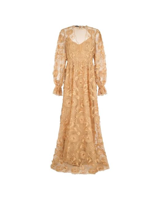 Alberta Ferretti Natural Floral-Embroidered Ruffled Maxi Dress