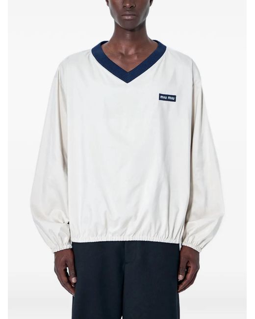 Miu Miu White Logo-Patch V-Neck Sweater for men