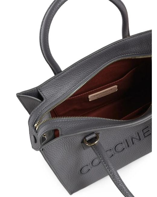 Coccinelle Gray Logo-Embossed Leather Tote Bag