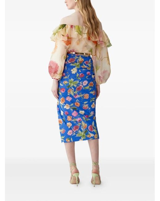 Carolina Herrera Natural Poppy-Print Organza Puff Sleeve Top