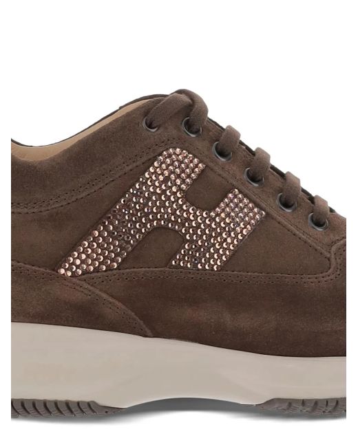 Hogan Brown Crystal-Embellished Suede Sneakers