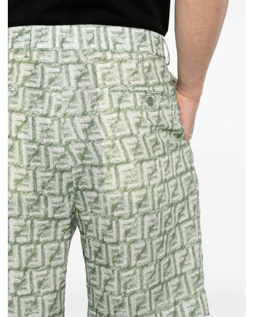 Fendi Green Ff-Motif Linen Shorts for men