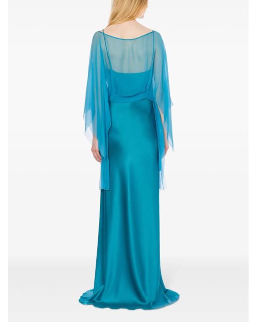 Alberta Ferretti Blue Long Satin Dress With Removable Chiffon Cape Top