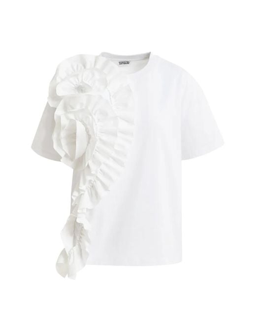 Essentiel Antwerp White Ruffled-Detail Floral-Appliqué T-Shirt