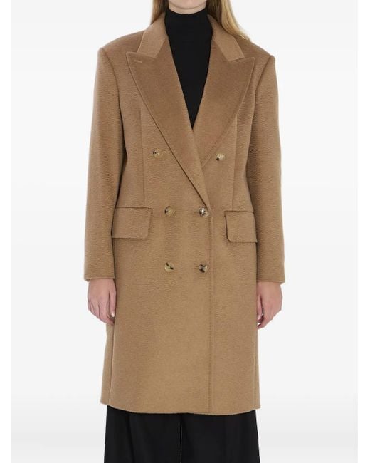 Max Mara Natural Double-Breasted Coat Featuring Pointed Lapels