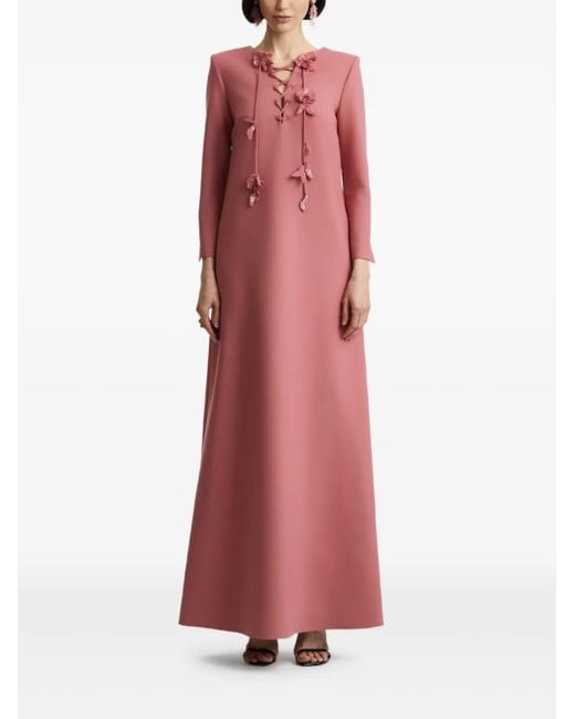 Oscar de la Renta Red Lace-Up Floral Maxi Dress