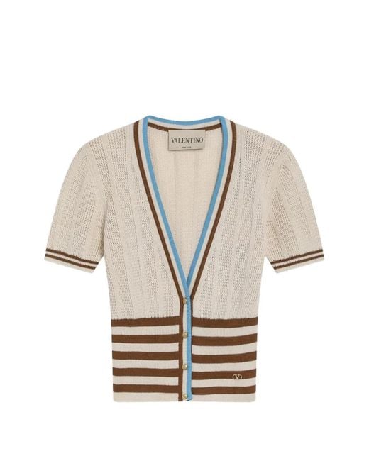 Valentino Garavani Natural Cardigan Rayé À Plaque Logo