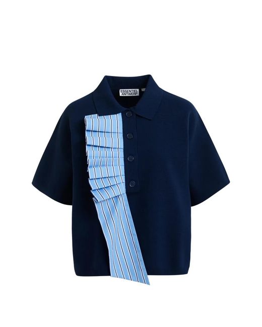 Essentiel Antwerp Blue Ruffled-Trim Polo Top