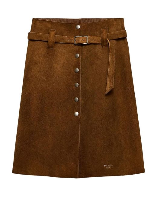 Prada Brown Belted Suede Midi Skirt