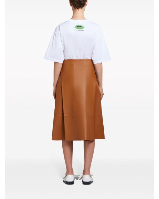 Marni Brown A-line Inverted-pleat Leather Skirt
