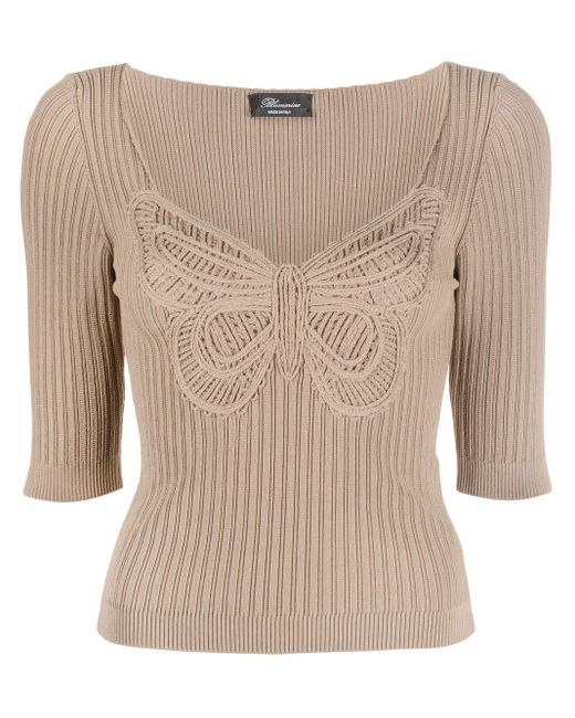 Blumarine Butterfly Embroidery Knitted Top in Natural Lyst