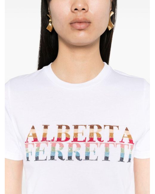 Alberta Ferretti White T-Shirt mit Perlen-Logo