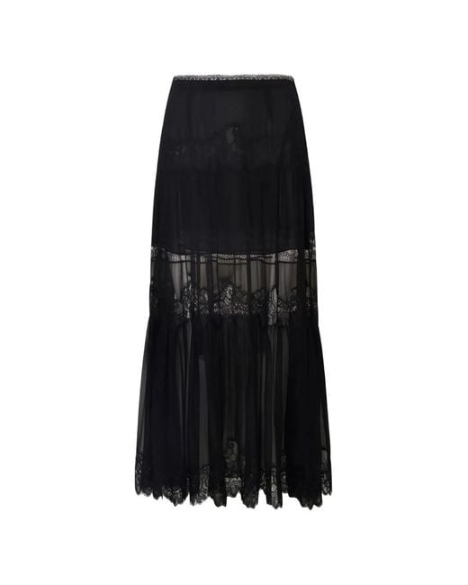LoveShackFancy Black Aureline Lace-Trimmed Tiered Skirt