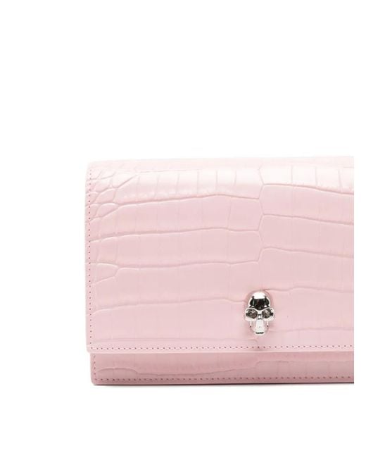 Alexander McQueen Pink Skull-Embellished Crocodile-Effect Mini Bag