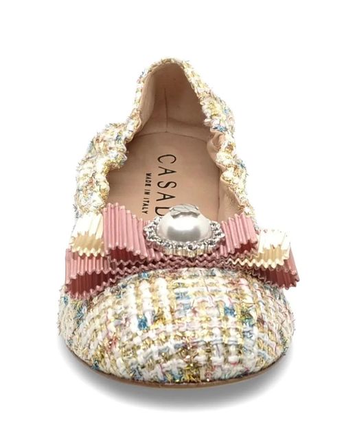 Casadei White Bow-Detail Tweed Ballet Flats