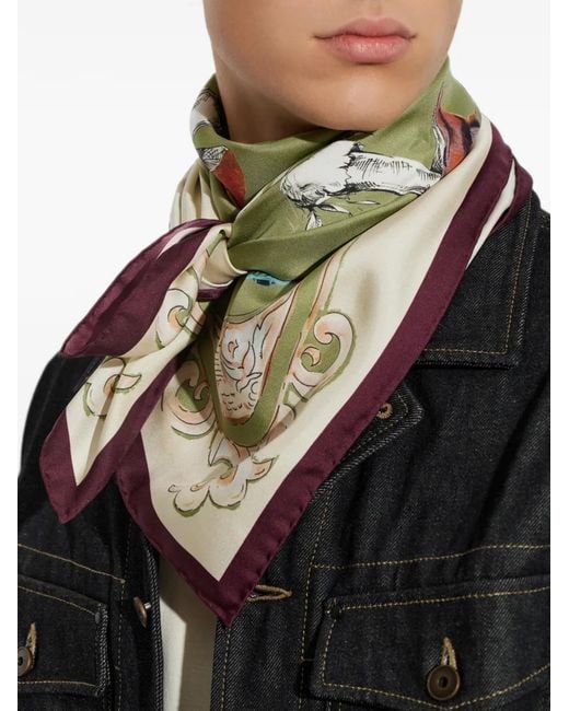 Moschino Green Mushroom-Print Silk Scarf