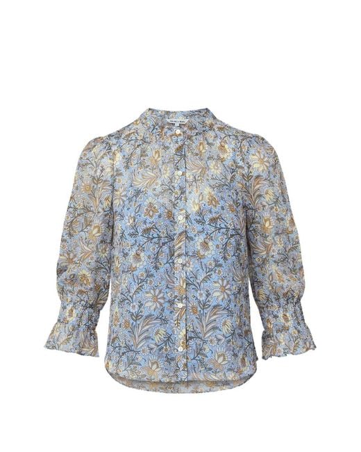 Veronica Beard Blue Floral-Print Smocked-Cuff Blouse