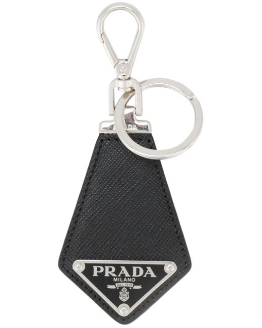 Prada White Triangle-Logo Leather Keychain for men
