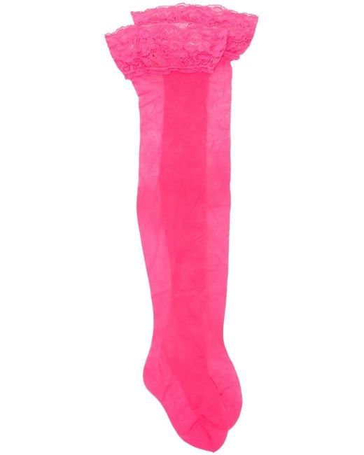 Versace Pink Floral-Lace Thigh-High Stockings