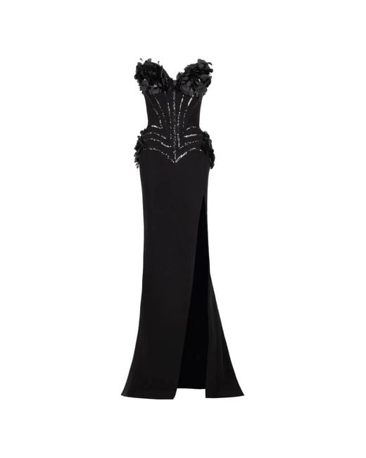 Gaby Charbachy Black Sequin-Embellished Floral-Appliqué Maxi Dress