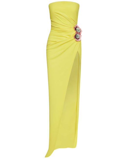 Oscar de la Renta Yellow Floral-appliqué Gown