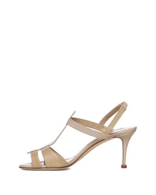Manolo Blahnik Metallic T-Strap Heeled Sandals