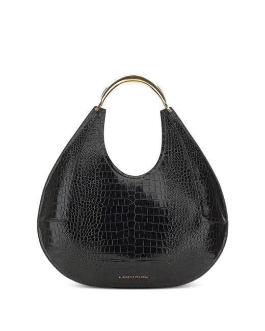 Elisabetta Franchi Black Large Crocodile-Embossed Jewel-Handle Tote Bag