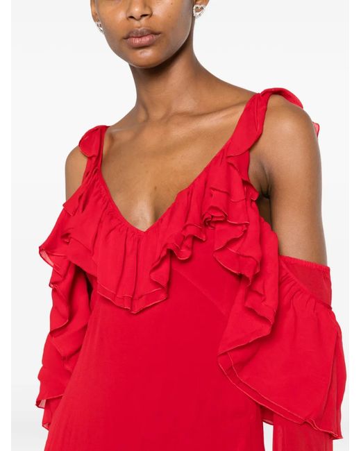 Blumarine Red Ruffled Cold-shoulder Maxi Dress
