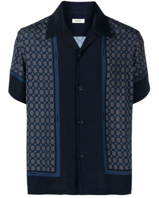 Sandro Blue Patterned-jacquard Short-sleeve Shirt for men