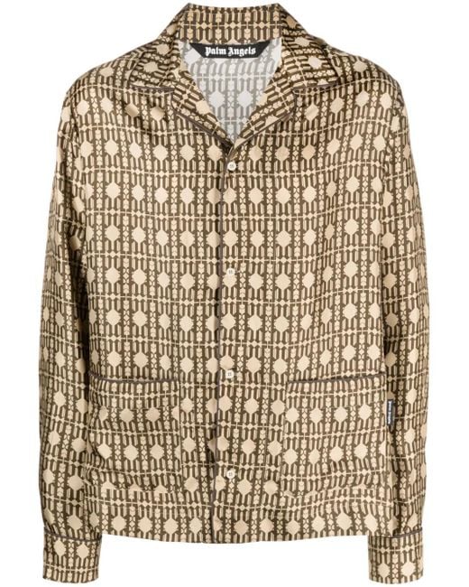 Palm Angels Natural Monogram-Print Silk Shirt for men