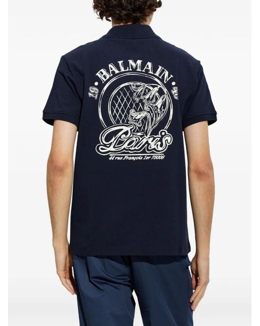 Balmain Blue Logo-Print Cotton Polo Shirt for men