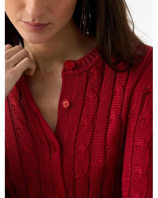 Ralph Lauren Red Cardigan En Maille Torsadée À Coupe Crop