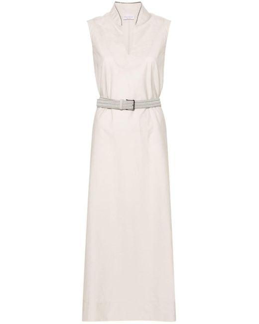 Brunello Cucinelli White Belted Sleeveless Maxi Dress