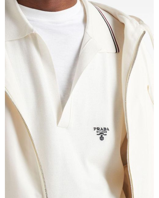 Polo en maille à logo brodé Prada pour homme en coloris White