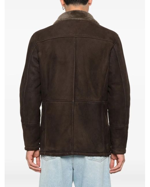 Barba Napoli Brown Double-Breasted Fur-Collar Jacket for men