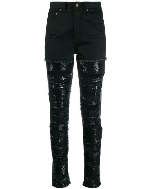Saint Laurent Black Sequin-Embellished Ripped Skinny Jeans