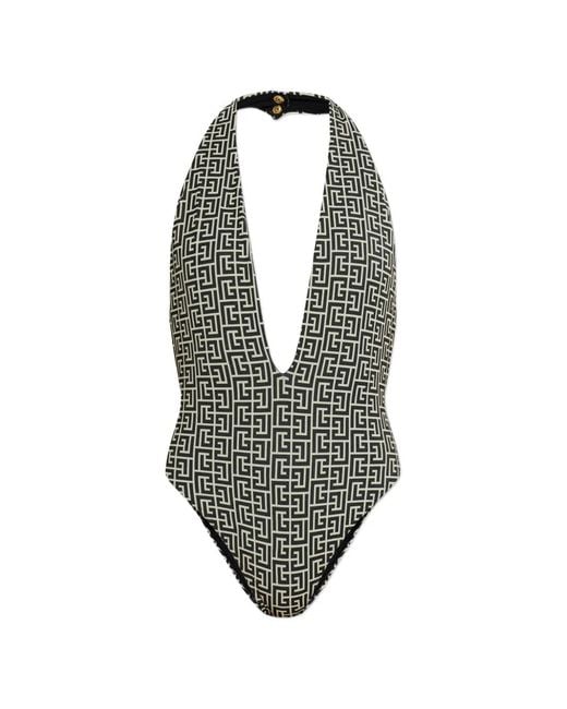 Balmain Black Monogram-Pattern Halterneck Swimsuit