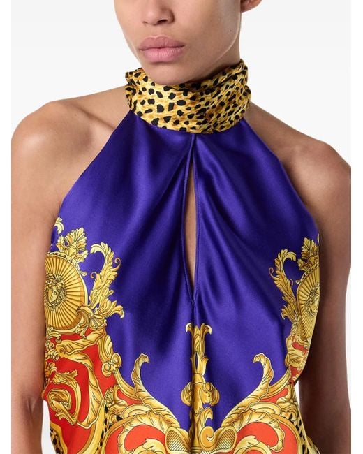 Versace Blue Baroque-Print Halterneck Top