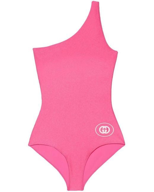 Gucci Interlocking G-print One-shoulder Swimsuit in Pink | Lyst