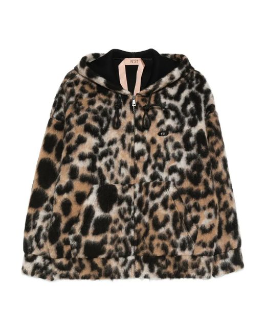 N°21 Black Leopard-Print Hooded Coat