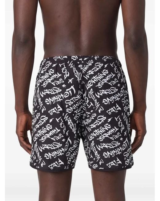 Neil Barrett Black Calligraphy-Print Drawstring Swim Shorts for men